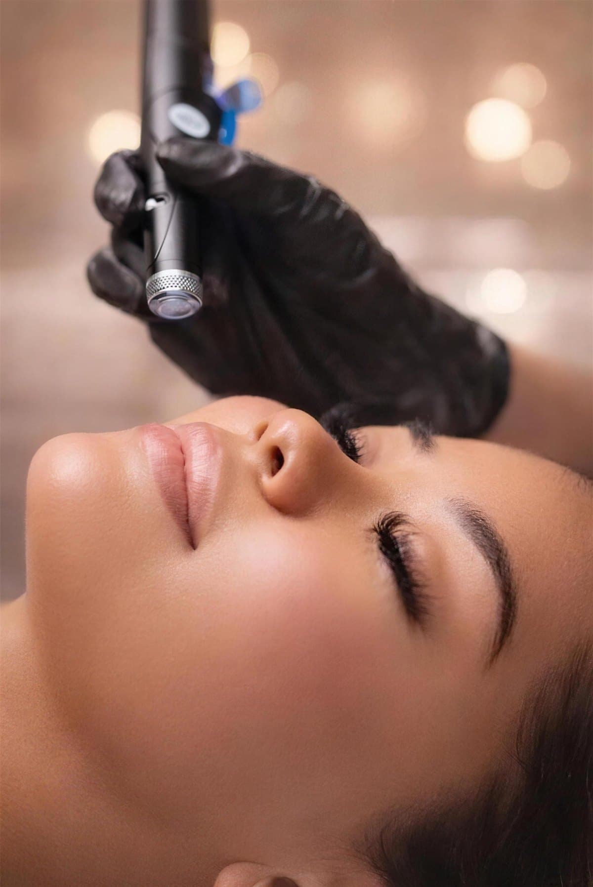HydraFacial-Handstück über dem Gesicht einer entspannt liegenden Frau