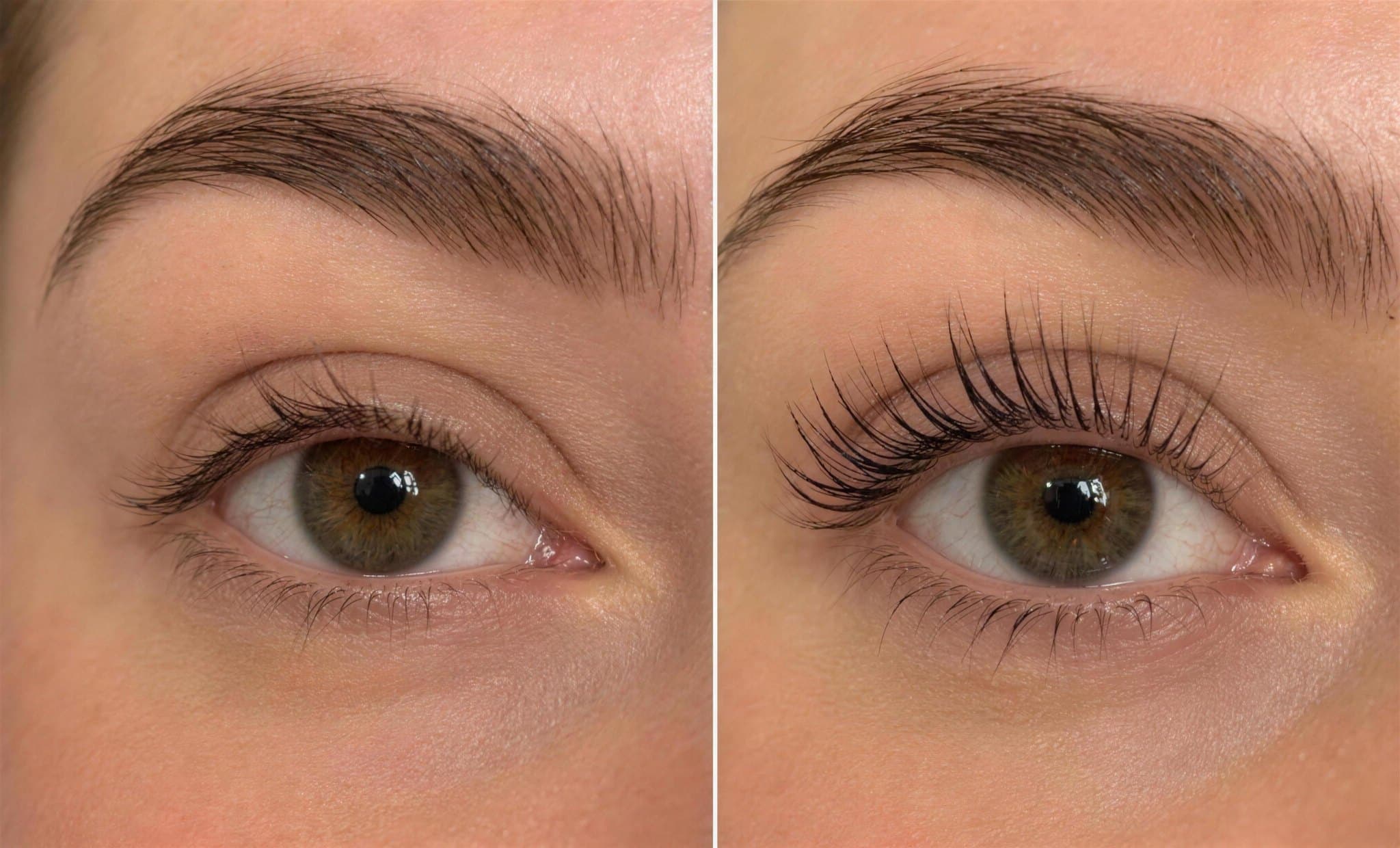 Wimpern vor und nach einem Korean Lash Lift im direkten Vergleich